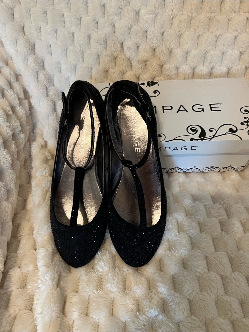 Rampage Women's Black T-Strap Glitter Dress Flats 7.5